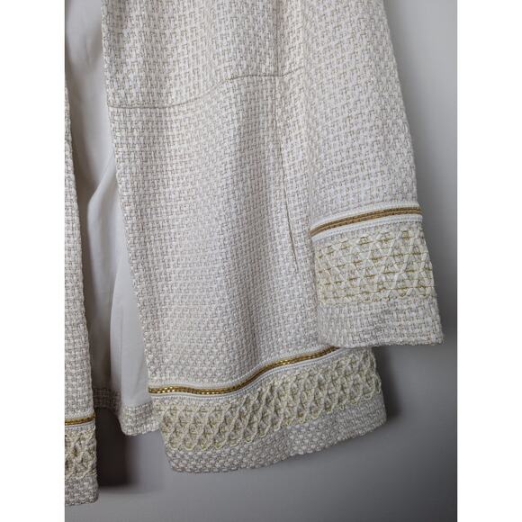 Chico's Textured Embellished Trim Cream Gold Jacket Size 2 (L) Lined Cruise - Picture 3 of 11